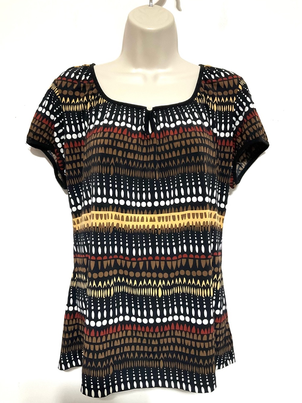 Liz & Co. large Patterned Short Sleeve Top with Earth Tone Stripes